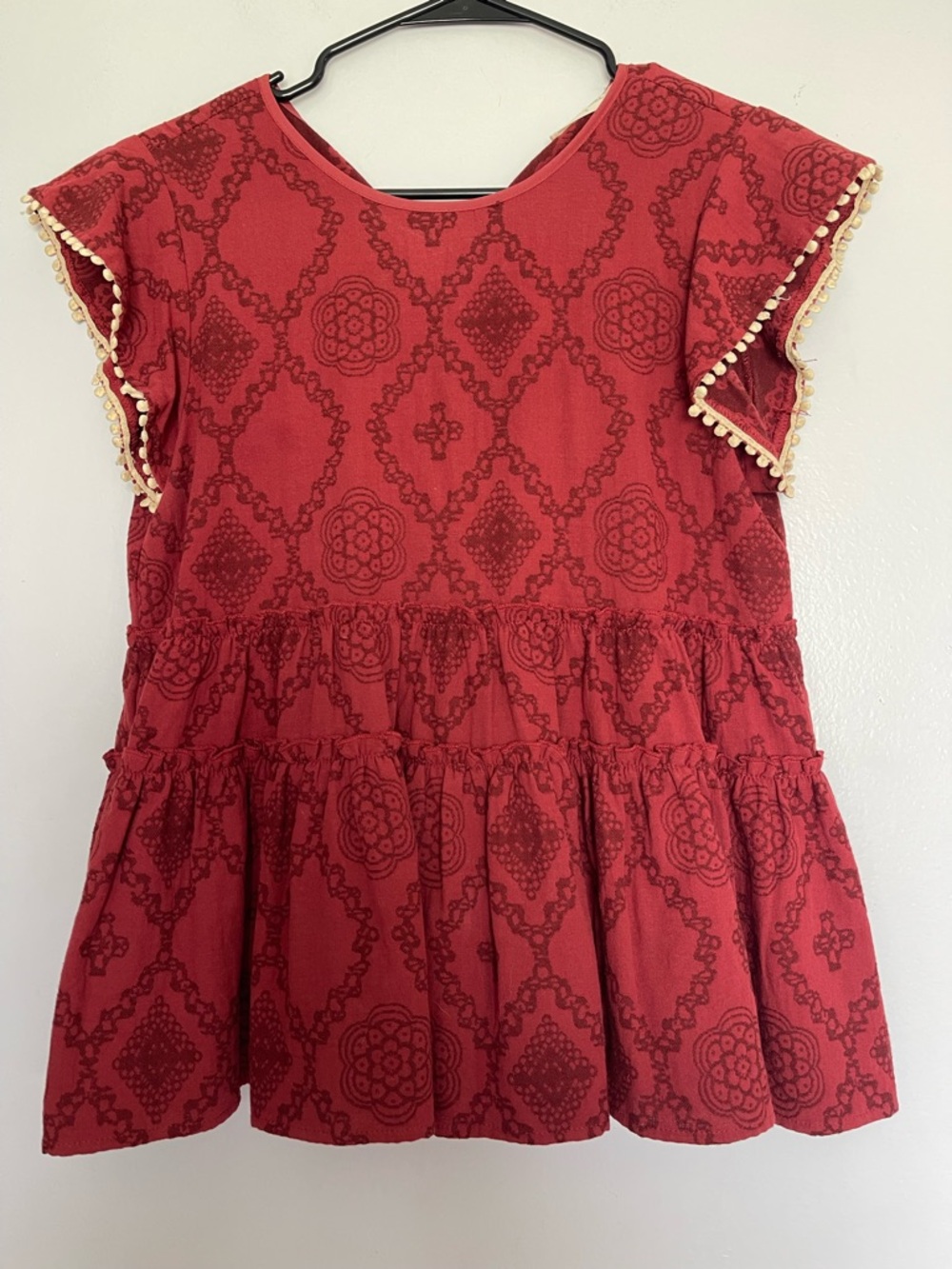 Altar'd State Red Patterned Pom-Trim Flutter Sleeve Top